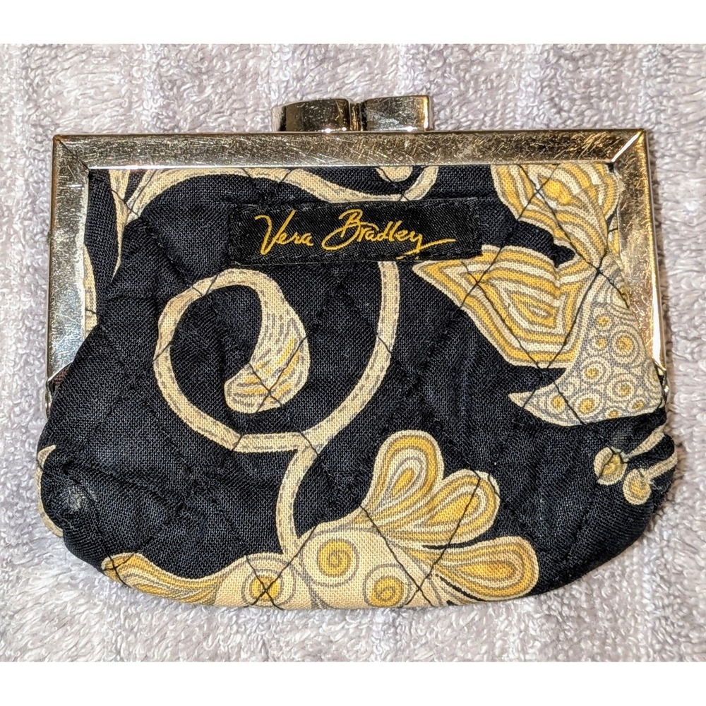 Vera Bradley Quilted Coin Purse Black Yellow Bird Floral Kiss Lock Clutch Wallet